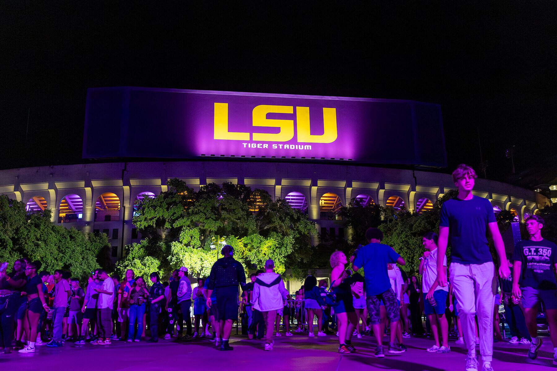LSU black party in front of the LSU football stadium.